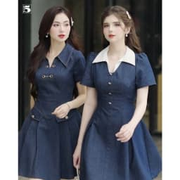Thumbnail Đầm Jeans nữ Twentyfive ôm body, gấu xòe nhẹ, có cổ, đính 4 cúc đá DH65 4