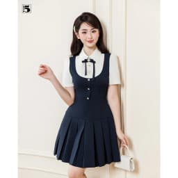 Thumbnail Đầm nữ Twentyfive dáng ngắn xếp ly vạt, phối cổ yếm cài nơ tiểu thư DH108 1