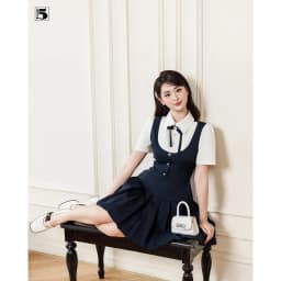 Thumbnail Đầm nữ Twentyfive dáng ngắn xếp ly vạt, phối cổ yếm cài nơ tiểu thư DH108 3