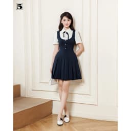 Thumbnail Đầm nữ Twentyfive dáng ngắn xếp ly vạt, phối cổ yếm cài nơ tiểu thư DH108 4