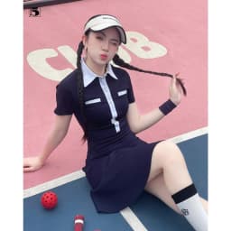 Thumbnail Đầm thun nữ Twentyfive thiết kế phối cổ sơ mi, nhún eo cách điệu DH113 1