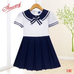 Thumbnail Áo đầm bé gái tiểu học, cổ viền phối xanh lính thuỷ cute, tùng váy xéo và xếp ly, bigsize tới 65kg 1
