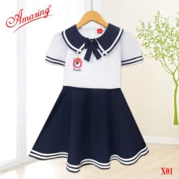 Thumbnail Áo đầm bé gái tiểu học, cổ viền phối xanh lính thuỷ cute, tùng váy xéo và xếp ly, bigsize tới 65kg 3