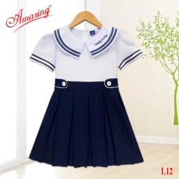 Thumbnail Áo đầm bé gái tiểu học, cổ viền phối xanh lính thuỷ cute, tùng váy xéo và xếp ly, bigsize tới 65kg 4