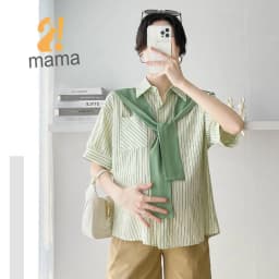 Thumbnail Áo bầu công sở mùa hè 2mama kẻ sọc, cổ sơ mi có phối vạt điệu đà, dễ thương 1