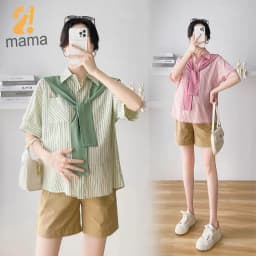 Thumbnail Áo bầu công sở mùa hè 2mama kẻ sọc, cổ sơ mi có phối vạt điệu đà, dễ thương 2