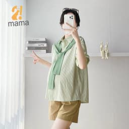 Thumbnail Áo bầu công sở mùa hè 2mama kẻ sọc, cổ sơ mi có phối vạt điệu đà, dễ thương 3