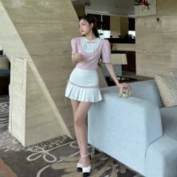 Thumbnail Áo dáng ngắn tay phồng đính nơ màu hồng phối trắng PRINCESS phong cách nữ tính - Simple Twist 1