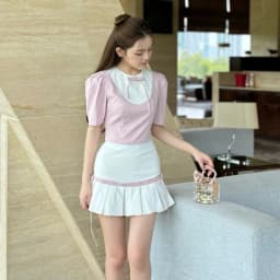 Thumbnail Áo dáng ngắn tay phồng đính nơ màu hồng phối trắng PRINCESS phong cách nữ tính - Simple Twist 3