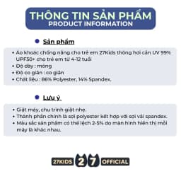 Thumbnail Áo khoác chống nắng cho trẻ em 27Kids thông hơi cản UV 99% UPF50+ cho trẻ em từ 4-12 tuổi ULCO1 4