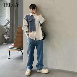 Thumbnail Áo khoác denim khâu màu tương phản dáng rộng phong cách retro dành cho nam IELGY 1