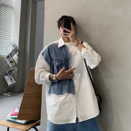 Thumbnail Áo khoác denim khâu màu tương phản dáng rộng phong cách retro dành cho nam IELGY 2