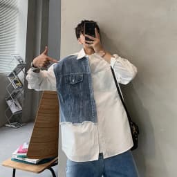 Thumbnail Áo khoác denim khâu màu tương phản dáng rộng phong cách retro dành cho nam IELGY 3