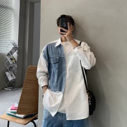 Thumbnail Áo khoác denim khâu màu tương phản dáng rộng phong cách retro dành cho nam IELGY 4