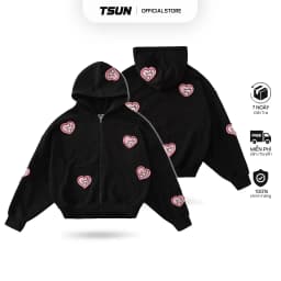 Thumbnail Áo Khoác Nỉ Hoodie Zip Đen Thêu Trái Tim Brand TSUN Chính Hãng Lovely UNISEX, Oversize, Streetwear 1