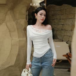 Thumbnail Áo kiểu KAYLIN tay dài lệch vai phối ren chất vải lụa thun mỏng nhẹ phong cách gợi cảm - N2363 1