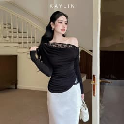 Thumbnail Áo kiểu KAYLIN tay dài lệch vai phối ren chất vải lụa thun mỏng nhẹ phong cách gợi cảm - N2363 2