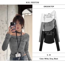 Thumbnail 𝐊𝐈𝐋𝐋 𝐒𝐘𝐒𝐓𝐄𝐌 Áo lệch vai dài tay cài nút co giãn ôm body tôn dáng in chữ cá tính 𝐆𝐑𝐎𝐎𝐕𝐄 1