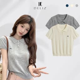 Thumbnail Áo len nữ mỏng ngắn tay vặn thừng cổ bẻ phối cúc thêu nơ form vừa tôn dáng chất len mềm hàng thiết kế 4