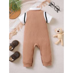 Thumbnail Áo liền quần mùa hè Dapper cho bé trai 1-18 tháng: Bộ đồ liền thân ngắn tay phong cách 2 trong 1 có dây buộc nơ & thêu gấu hoạt hình – Họa tiết gân & đóng cửa 1