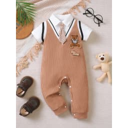 Thumbnail Áo liền quần mùa hè Dapper cho bé trai 1-18 tháng: Bộ đồ liền thân ngắn tay phong cách 2 trong 1 có dây buộc nơ & thêu gấu hoạt hình – Họa tiết gân & đóng cửa 3
