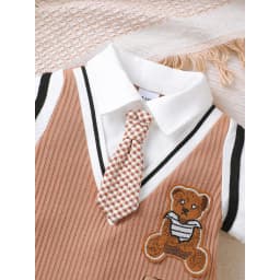 Thumbnail Áo liền quần mùa hè Dapper cho bé trai 1-18 tháng: Bộ đồ liền thân ngắn tay phong cách 2 trong 1 có dây buộc nơ & thêu gấu hoạt hình – Họa tiết gân & đóng cửa 4