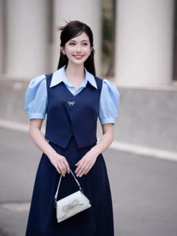 Thumbnail Áo nữ dáng phối yếm màu xanh ngắn tay vạt chéo thêu nơ cổ sơ mi YAME YA431 1