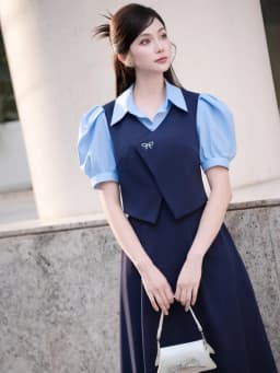 Thumbnail Áo nữ dáng phối yếm màu xanh ngắn tay vạt chéo thêu nơ cổ sơ mi YAME YA431 2