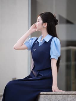 Thumbnail Áo nữ dáng phối yếm màu xanh ngắn tay vạt chéo thêu nơ cổ sơ mi YAME YA431 3