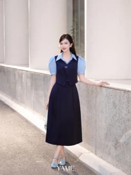 Thumbnail Áo nữ dáng phối yếm màu xanh ngắn tay vạt chéo thêu nơ cổ sơ mi YAME YA431 4