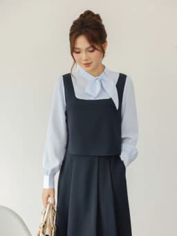 Thumbnail Áo nữ dáng yếm crop màu đen và xanh than phối sơ mi cổ nơ dài tay YAME YA606 1
