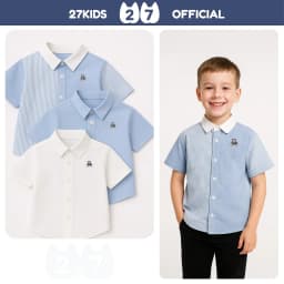 Thumbnail Áo sơ mi bé trai ngắn tay 27Kids KACADY cổ bẻ đơn sắc vải đi học nam cho trẻ từ 4-12 tuổi BSSH1 1