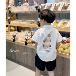 Thumbnail Áo sơ mi cộc Beemo phối túi ngực in hình gấu vải thô hàn thoáng mát cho bé trai từ 9-24kg 5077AHB 2
