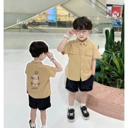 Thumbnail Áo sơ mi cộc Beemo phối túi ngực in hình gấu vải thô hàn thoáng mát cho bé trai từ 9-24kg 5077AHB 3