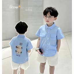 Thumbnail Áo sơ mi cộc Beemo phối túi ngực in hình gấu vải thô hàn thoáng mát cho bé trai từ 9-24kg 5077AHB 4