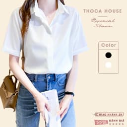Thumbnail Áo sơ mi công sở nữ trắng, đen săn tay ngắn giấu nút THOCA HOUSE vải lụa thoải mái, mát mẻ 1