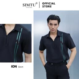 Thumbnail Áo sơ mi đen nam tay ngắn SIMTU điểm nhấn viền vải da sáng bóng kết hợp nút kim loại cao cấp | SM044 1