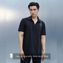 Thumbnail Áo sơ mi đen nam tay ngắn SIMTU điểm nhấn viền vải da sáng bóng kết hợp nút kim loại cao cấp | SM044 3