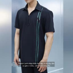 Thumbnail Áo sơ mi đen nam tay ngắn SIMTU điểm nhấn viền vải da sáng bóng kết hợp nút kim loại cao cấp | SM044 4