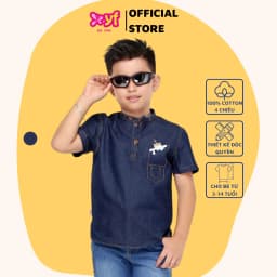 Thumbnail Áo sơ mi jean bé trai cổ trụ YF, jean cotton wash mềm sành điệu 8AY003 1