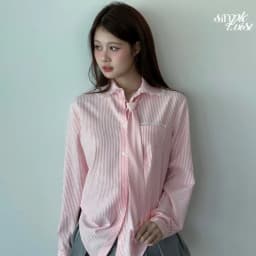 Thumbnail Áo sơ mi kẻ sọc kèm cà vạt tay dài màu xám và hồng Sweetheart Top thanh lịch công sở - Simple Twist 2
