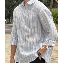 Thumbnail Áo Sơ Mi MANDO Xanh Kẻ Sọc Xanh Pastel Vải Linen Dài Tay Form Rộng Unisex Style Phong Cách Hàn Quốc - SHT045 4
