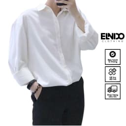 Thumbnail Áo sơ mi nam ELNIDO dài tay cổ bẻ form dáng unisex màu trắng vải lụa nến không nhăn không xù ED-01 1