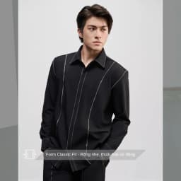 Thumbnail Áo sơ mi nam màu đen viền chỉ trắng SIMTU chất liệu cotton lạnh cao cấp, viền dây kéo thời trang | SM006 1