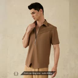 Thumbnail Áo sơ mi nam màu nâu tay ngắn SIMTU, điểm nhấn xếp li và dây khoá kéo, vải cotton thoáng mát & co giãn | SM049-50 3