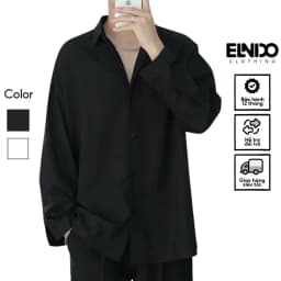 Thumbnail Áo sơ mi nam nữ dài tay Unisex Basic màu trắng và đen sơ mi lụa mịn mát form rộng suông ELNIDO-ED03 1