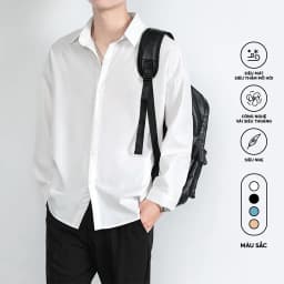 Thumbnail Áo sơ mi nam nữ dài tay Unisex Basic màu trắng và đen sơ mi lụa mịn mát form rộng suông ELNIDO-ED03 2