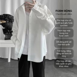 Thumbnail Áo sơ mi nam nữ dài tay Unisex Basic màu trắng và đen sơ mi lụa mịn mát form rộng suông ELNIDO-ED03 3