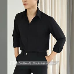 Thumbnail Áo sơ mi nam tay dài màu đen SIMTU điểm nhấn viền line nổi, chất liệu cotton lạnh cao cấp thoáng mịn | SM038 1