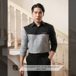 Thumbnail Áo sơ mi nam tay dài màu đen phối xám SIMTU điểm nhấn phối vải đính logo kim loại sáng bóng | SM025 1